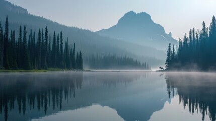 Serene Reflection of Misty Mountains and Pine Trees in Tranquil Lake