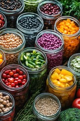 A Colorful Collection of Preserved Vegetables and Legumes in Glass Jars