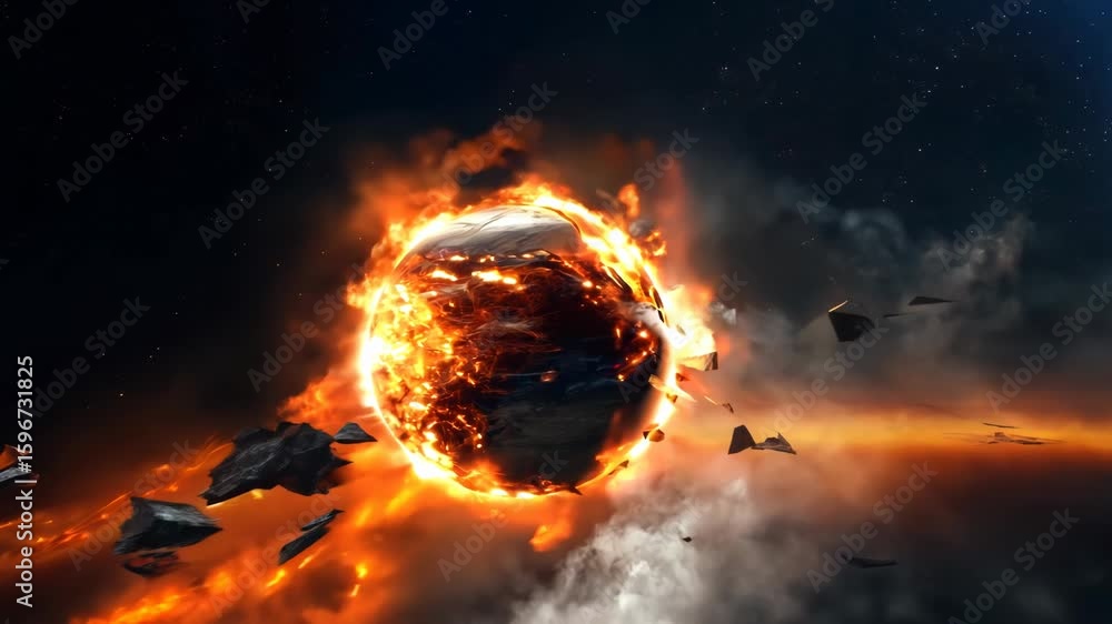 Poster abstract explosion in space with rocks and stones burst in flame, sci-fi and technology background