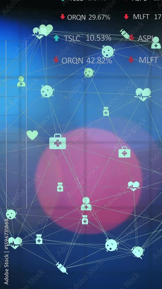 Poster network of social media icons and data processing over financial graph animation