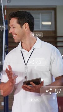 Discussing strategy, volleyball coach with diverse players, animation of social media icons