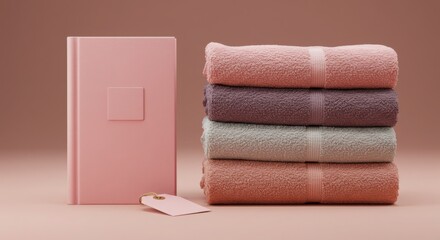 A stack of towels next to a pink book with a tag on a pink background scene