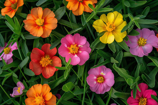 Colorful Portulaca grandiflora flowers in garden, moss rose

