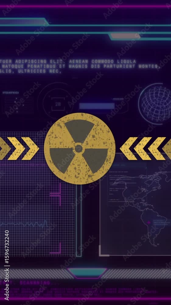 Poster displaying animation of radiation symbol on futuristic interface with world map data