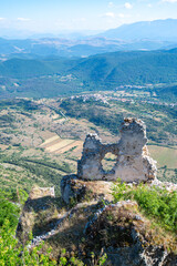 Italy, July 5, 2025: Ruins of Rocca Calascio Castle, an Italian tourist destination and landmark in the Gran Sasso National Park, L'Aquila, Abruzzo. Clear blue skies at sunset.