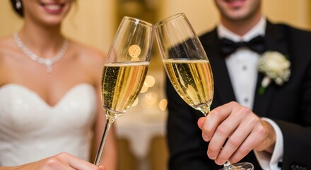A bride and groom toasting with champagne glasses at a wedding reception.