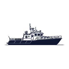 Obraz premium Side view line drawing of a motorboat with an enclosed cabin and antenna on a white background.
