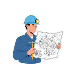 Miner holding pickaxe and map, wearing helmet with light, looking at the mine layout.