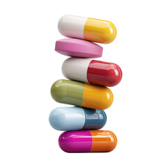 Stack of colorful pills and capsules on a white background representing medication