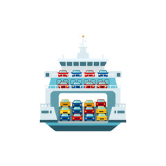 Car ferry vessel transporting numerous automobiles across water.
