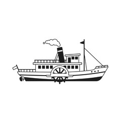 A detailed illustration of a classic steamboat with a paddle wheel, smoke, and flags.