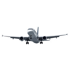 An airplane is flying straight ahead, with its landing gear down against a white background.