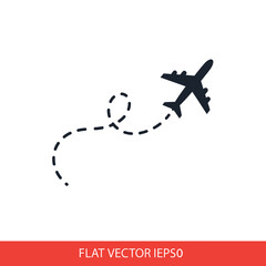Simple black silhouette of an airplane with a dashed flight path, isolated on white background.