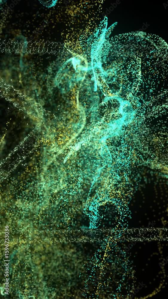 Poster animation of abstract digital particles forming dynamic shapes over black background