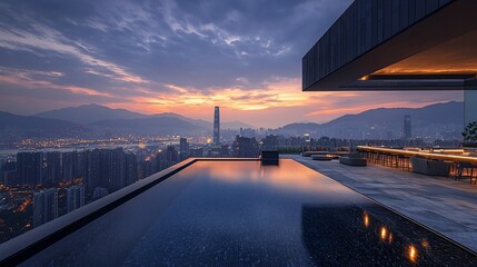 Rooftop infinity pool with city skyline view at dawn