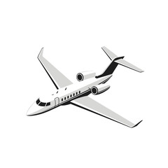 A stylized illustration of a private jet in flight against a white background.