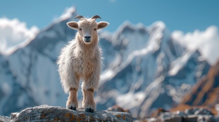 Cute Baby Goat Standing on Rock Against Majestic Mountain Backdrop