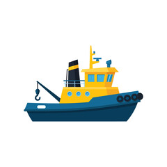 Illustration of a blue and yellow tugboat with a crane on a white background.