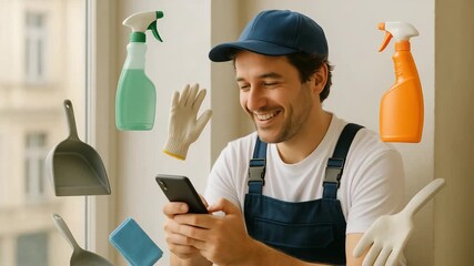 Cleaning service professional using smartphone indoor home setting action scene positive atmosphere engaging interaction