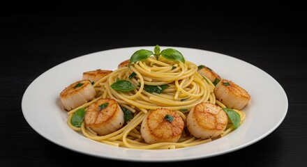 Spaghetti with scallops and basil on a white plate against a black background