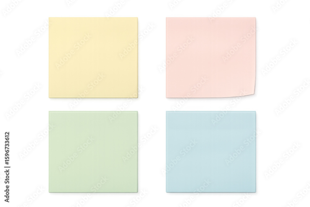 Poster four colorful sticky notes isolated on a transparent background, perfect for adding reminders or mes