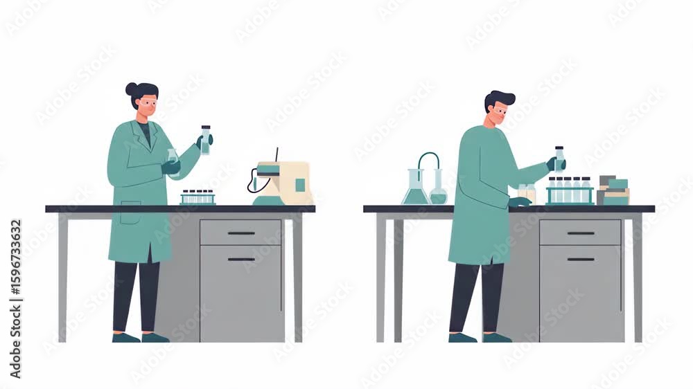 Poster flat vector scientists in a laboratory setting conduct experiments, analyzing samples and working to