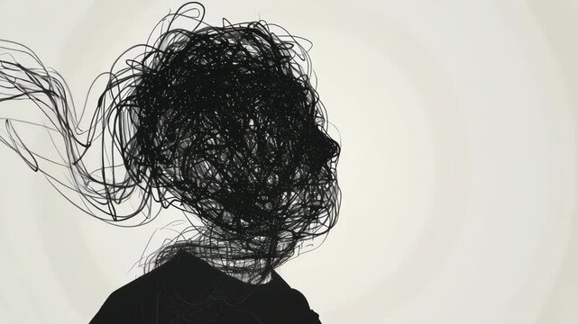 Abstract video concept with a side angle view of a silhouette, head entangled in chaotic black lines, symbolizing mental turmoil or creativity.