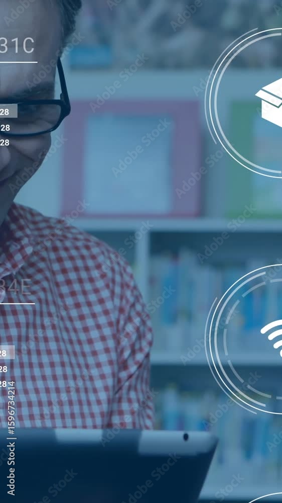 Poster using tablet, man processing digital order with animation graphics overlay
