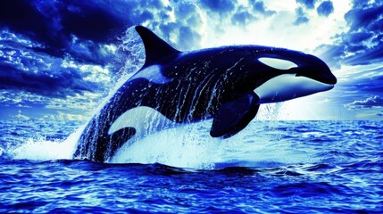 Majestic Orca Breaching in Vibrant Ocean Under Dramatic Sky