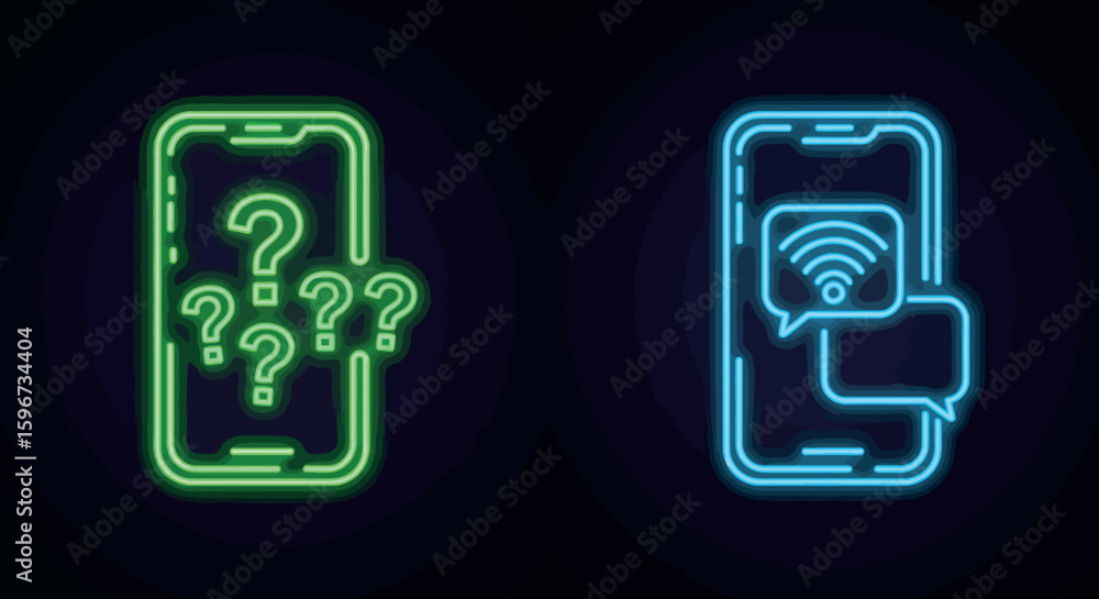 Poster neon smartphone icons with questions and wifi communication symbols on dark background