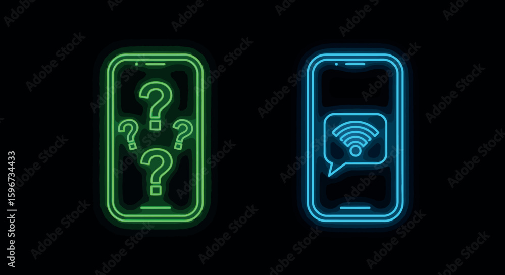 Poster neon smartphone icons with wifi and question marks on black background