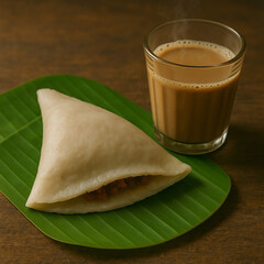 Traditional Kerala Sweet Ela Ada with Steaming Hot Tea on Banana Leaf – Authentic South Indian Breakfast or Snack
