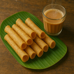 Crispy Kerala Kuzhalappam with Steaming Hot Chai on Banana Leaf – Traditional South Indian Evening Snack