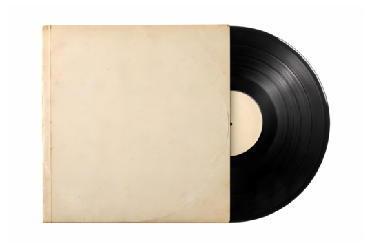 Vintage vinyl record album cover and disc isolated on transparent background