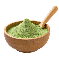 Matcha green tea powder in a wooden bowl isolated on transparent background
