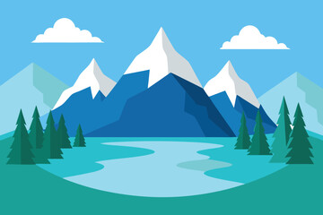 Flat Design Mountain Landscape Illustration: Snow-Capped Peaks, Evergreen Trees, and Serene Blue River Scenery Background