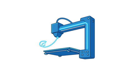 Blue isometric 3d printer extruding in minimalist style on white background