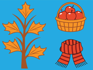 Fototapeta premium Cartoon Illustration of Autumn Elements Oak Leaf Branch, Apple Basket, and Striped Scarf