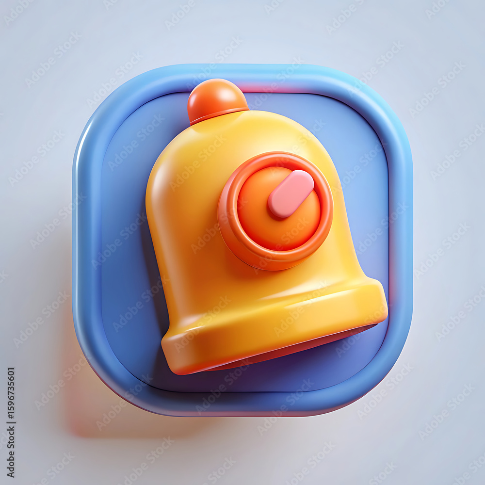 Poster isometric 3d render of a notification bell icon on a rounded blue square background with soft lighti