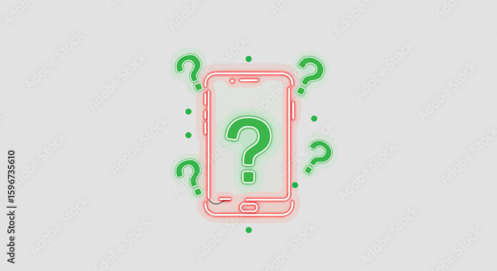 Poster neon smartphone with question marks on light background for tech support and mobile queries