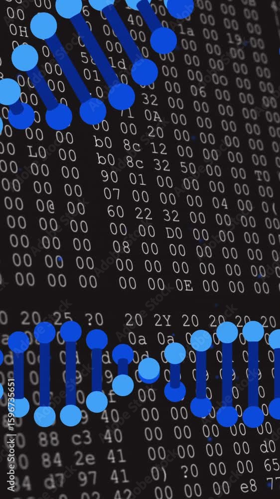 Poster processing scientific data, dna strand intertwining with binary code animation
