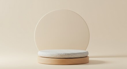 Minimalist display stand with round base and oval backdrop on a neutral background.