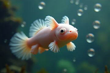 An adorable axolotl swims with bubbles alongside an African-American group in the water.