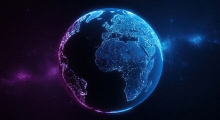 Obraz premium Digital globe with blue and purple lighting against a dark space background.