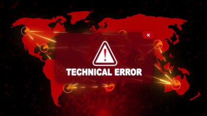 Technical Error Alert Warning Message Attack on World map. Wire frame Radar Network Seamless loop Motion Background. UI Elements HUD Sci Fi interface. Digital global world map and technology concept. - Powered by Adobe