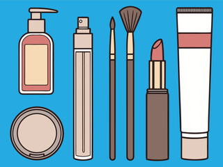 Makeup Beauty Products Flat Lay Illustration Foundation, Lipstick, Brushes, and Skincare Items