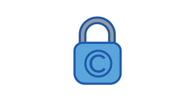 Blue padlock with copyright symbol in flat style for digital security concepts