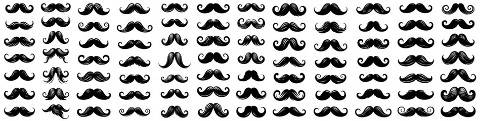 Fototapeta premium Mustache silhouettes in a variety of shapes and styles. Retro graphic elements for barber shop logos, male fashion designs