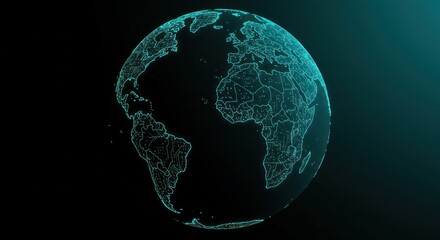Digital earth globe with mesh overlay against a dark background.
