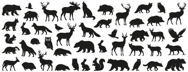 Forest animals silhouettes including bears, deer, foxes, wolves, owls, squirrels, and wild boars. Suitable for woodland themes, nature projects, and wildlife graphics